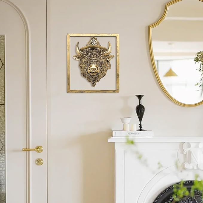 Newinhome Animal Heads Wall Decor (Includes Metal Frame) Resin Animals Sculptures Head Wall Hanging Decoration Gold vintage Wall Sculpture for Living Room Bedroom Office (American Bison)