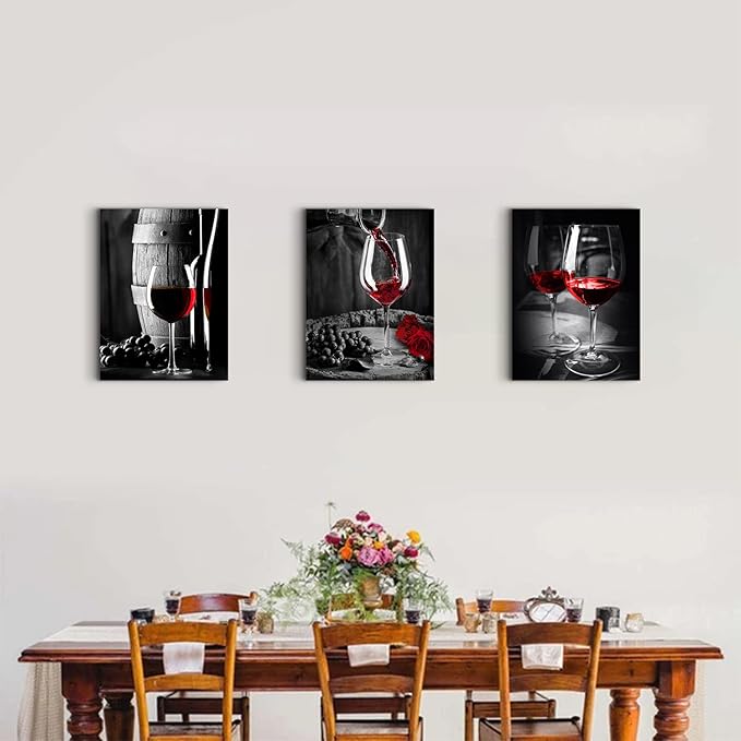 Kitchen Wall Art for Dining Room Red Wine Decor Glass Cup Barrel Bar Canvas Picture Painting Black and White Vintage Artwork Fruit Goblet Poster Decorations Family Restaurant Bedroom 24x32 Inch 3pcs