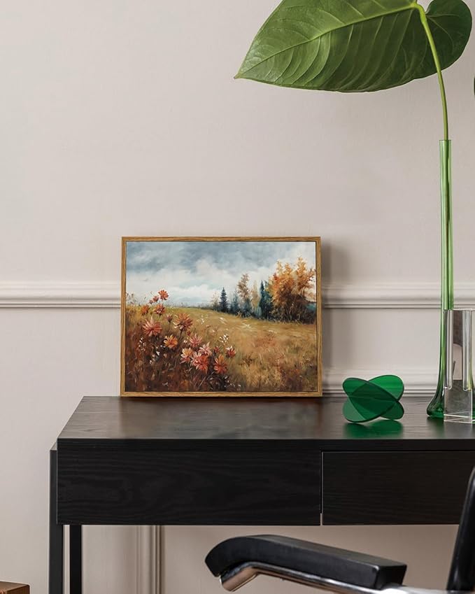 KISSFOX Vintage Fall Countryside Framed Wall Art Autumn Wildflower Forest Landscape Canvas Art Farmhouse Floral Golden Fields Paintings Artwork Rustic Serene Art Prints For Kitchen Living room Bedroom