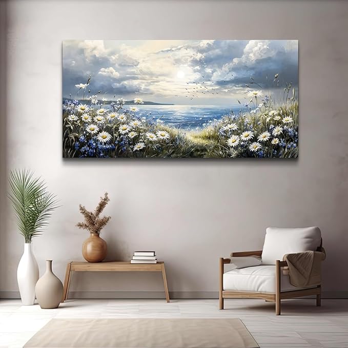 KELIYUAN Large Wall Decor Canvas Painting Wall Art For Living Room Decor Blue Mediterranean Garden Landscape Painting Bedroom Print Artwork Picture For Dining Room Bathroom Home Decoration 24x48 In
