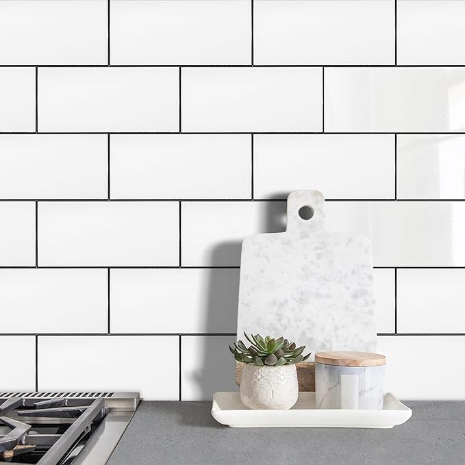 AULIGET 2-Piece Polished White Thick PVC Peel and Stick Backsplash, 6" x 12" Waterproof Subway Tile Peel and Stick Wall Tiles for Kitchen & Bathroom