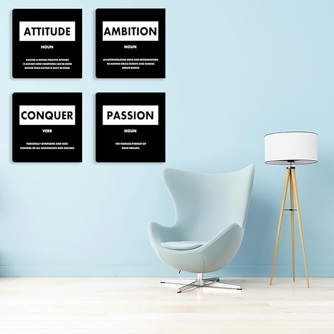 Motivational Canvas Wall Art - Home Office & Living Room Wall Decor - Black Inspirational Design - Framed Art Prints - 12X12 Inch (4 Pack)