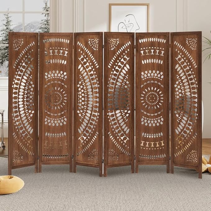 Boho 6 Panel Room Divider, Room Dividers and Folding Privacy Screens, Modern Room Partition, 67" Room Divider Wall, Privacy Dividers for Rooms, Bedroom, Office, Dark Brown