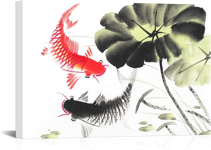 Canvbay Asian Canvas Wall Art Traditional Chinese Ink Style with Bamboo and Red Plum Blossom Painting Pictures Oriental Flower Print Poster Framed for Home Decor Living Room Bedroom