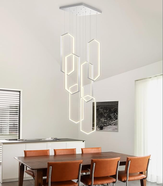 6 Rings Modern Chandelier LED Dimmable Pendant Lighting Adjust Flush Mount Ceiling Light for Foyer Lobby Living Room Staircaes Sliver 78.7''