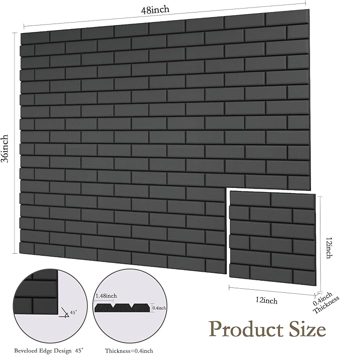 12Pack Acoustic Panels, Self-Adhesive 3D Brick Pattern Sound Proof Panels for Walls, Decorative Sound Dampening Wall Panels for Recording Studios, Offices, Home, 12"×12"×0.4", Black