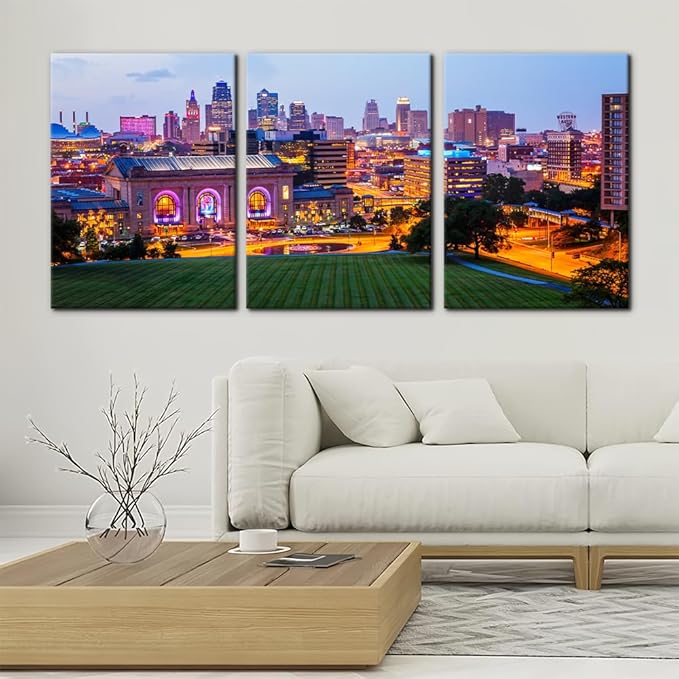 Pacimo Canvas Wall Art Union Station City Landscape Pictures Paintings Kansas Cityscape Modern Artwork Prints on Canvas Wall Decor for Living Room Bedroom Framed Ready to Hang - 20"x28"x3 Panels