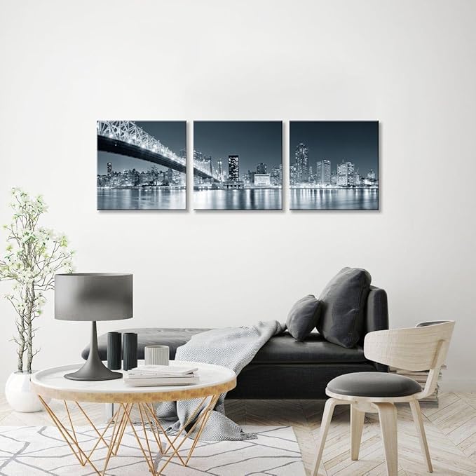 New York City Skyline Panoramic Canvas Art Black and White Brooklyn Bridge Night Scene 3 Panel Modern Urban Landscape Wall Decor Skyscrapers Reflection Print Living Room Office Bedroom Home Decoration