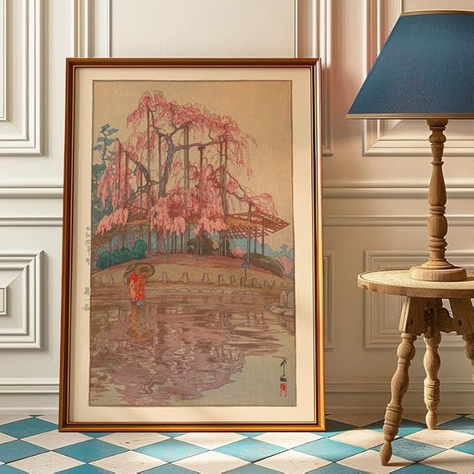 Nationcog Cherry Blossom Woodblock Print by Yoshida Hiroshi, Vintage Japanese Sakura Poster, Japandi Botanical Zen Art for Serene Decor (Unframed) (12x18)