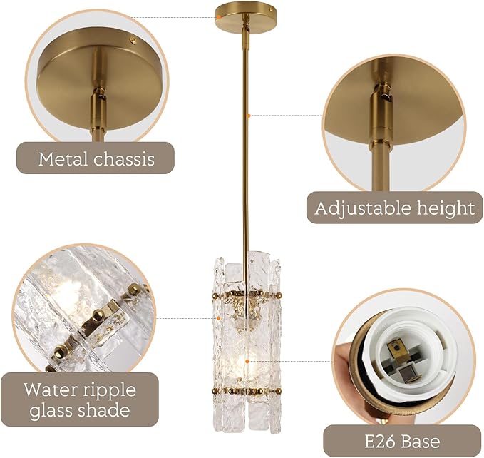 Modern Gold Crystal Pendant Light for Kitchen Island, Luxury Mini Water Ripple Glass Chandelier Lights Fixture, Round Adjustable Hanging Pendant Lighting for Dining Room Bedroom Hallway (1-Pack)