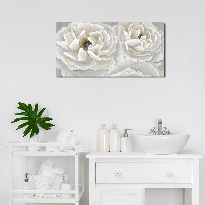 arteWOODS Cream White Flowers Wall Art - Soft Peony Pictures for Wall Decor Elegant Blossom Flower Painting Artwork Botanical Prints for Living Room Home Office Wall Decoration 20" x 40"