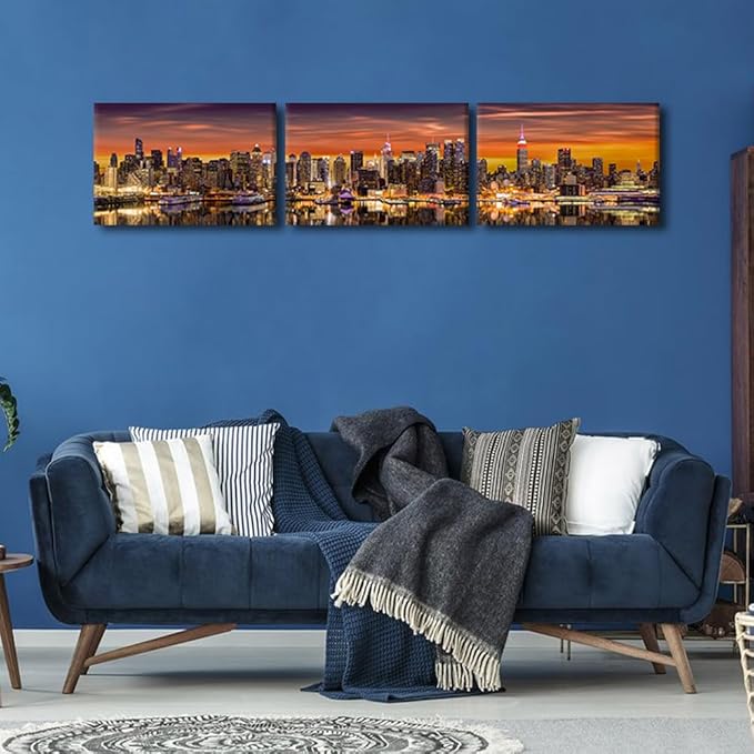 Canvas Wall Art for Living Room New York City Panorama Modern Home Decor Cityscape Sunrise View HD Printed Posters for Bedroom Office Wall Art Painting Bathroom Pictures Ready to Hang 12x48 Inch
