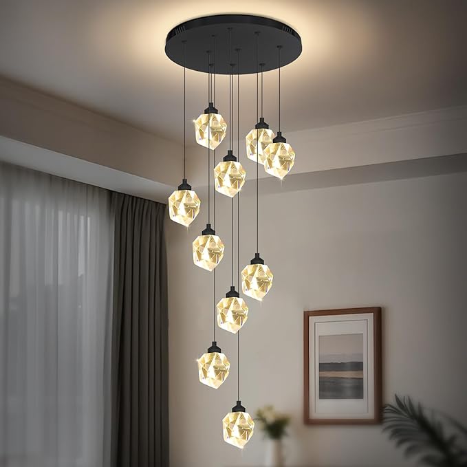 10-Lights Crystal Chandeliers for Living Room 120 inches Black Long Staircase Chandelier Foyer Entrance Crystal Ceiling Chandeliers LED Dimmable 3000-6000K
