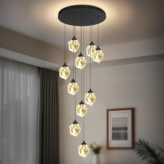10-Lights Crystal Chandeliers for Living Room 120 inches Black Long Staircase Chandelier Foyer Entrance Crystal Ceiling Chandeliers LED Dimmable 3000-6000K