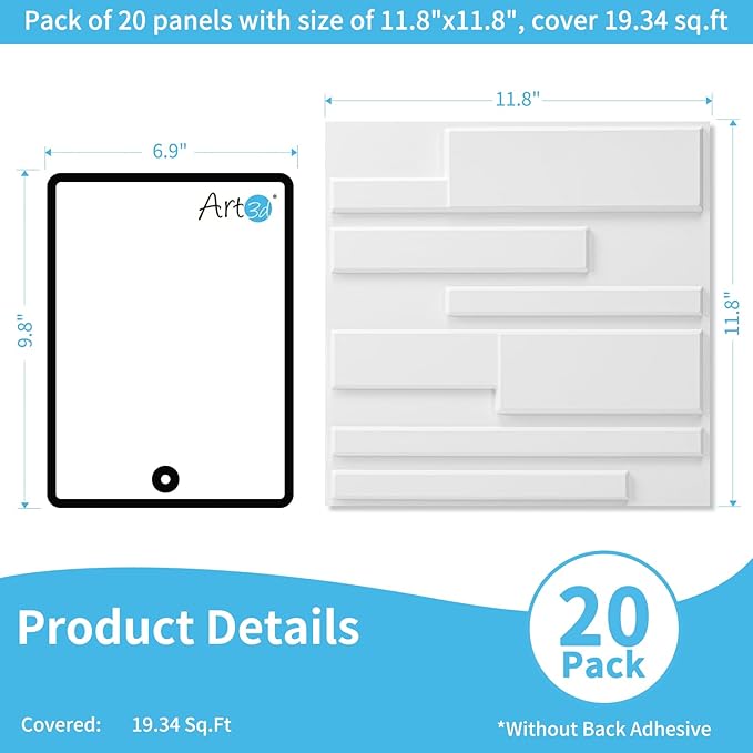 Art3d 20 Pack Decorative 3D Wall Panels, 19 Sq.Feet PVC Interior Wall Décor, 11.8"x11.8", White