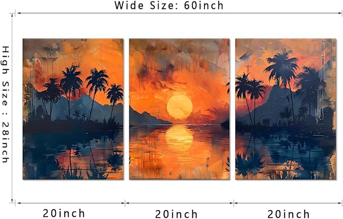 MAMAGO Beach Coconut Trees Wall Decor Coastal Sunset Natural Landscape Canvas Print Poster Oil Painting Style Orange Skyline Modern Home Decor Framed Easy to Hang-20”W x 28”Hx3pcs