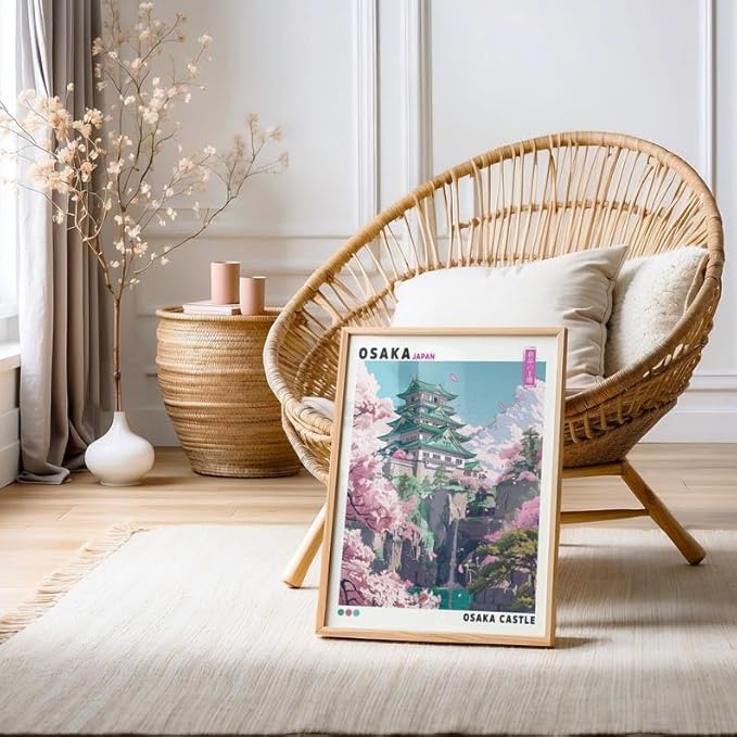 Osaka Castle Poster, Traditional Japanese Temple Wall Art Print with Cherry Blossoms, Japandi Asian Landscape Artwork, Vintage Decor for Living Room or Office (Unframed) (12x18)
