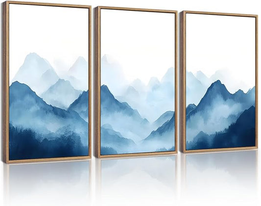 KUVIOKE Blue Watercolor Mountains in Fog Framed Wall Art Wilderness Nature Landscape Painting Rustic Scenic Relax Cool Home Decor 12x16in (Natural Framed)