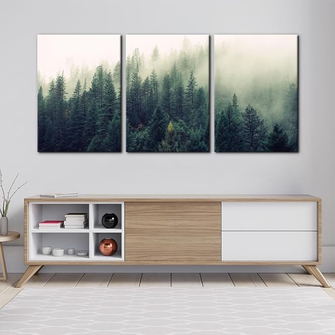 Pacimo Canvas Print Wall Art Set Aerial View of Pine Trees in Mist Nature Wilderness Photography Realism Rustic Scenic Modern Artwork Decor Stretch and Framed Ready to Hang - 20"x28"x3
