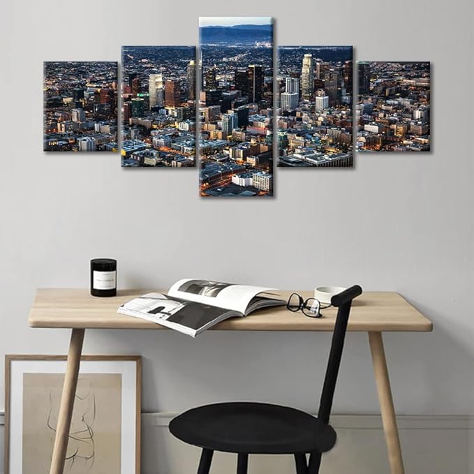 Beautiful Los Angeles Landscape Canvas Wall Art House Decor Los Angeles Skyline Bedroom Decor Wall Art 5 Pieces Modern Home Decor Giclee Wooden Framed Gallery-Wrapped Ready to Hang (50"Wx24"H)