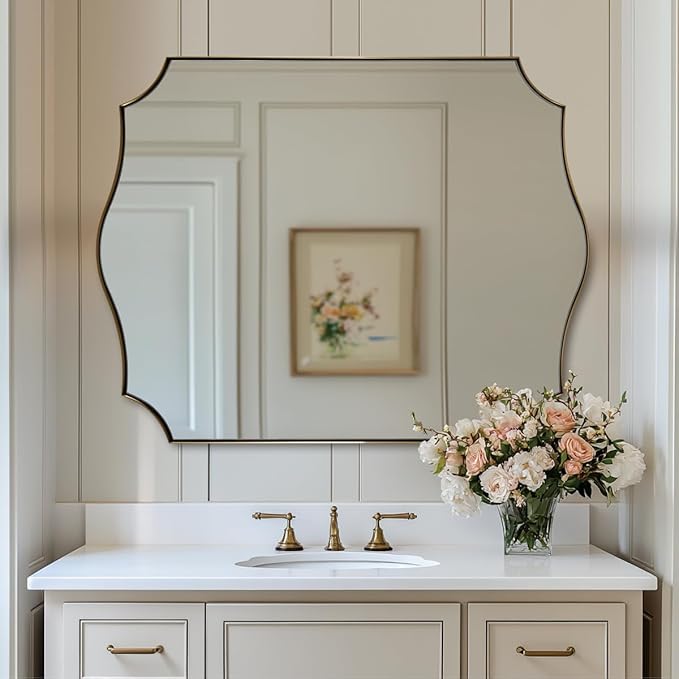 ANDY STAR Bathroom Mirror, 28x36 Inch Brushed Gold Vanity Mirror, Stainless Steel Metal Frame with Sophisticated Curved Design, Anti-Rust, Ideal for Bathroom, Living Room, Bedroom