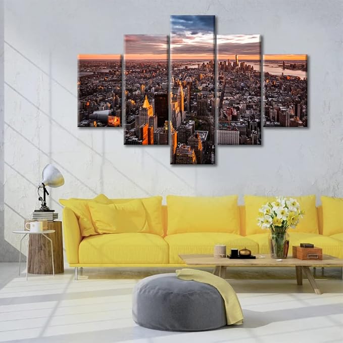 Manhattan Skyline Wall Art Canvas Print 5 Pieces Aerial View of Beautiful Manhattan Cityscape Modern Home Decor Artwork Paintings Print on Canvas Stretched and Framed Ready to Hang (60"Wx40"H)