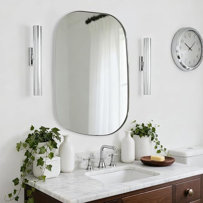 ANDY STAR 22"x30" Chrome Bathroom Mirror, Irregular Wall Mirror in Stainless Steel Metal Frame, Modern Polished Chrome Finish with Curved Edge Design, Wall-Mount Vertically or Horizontally