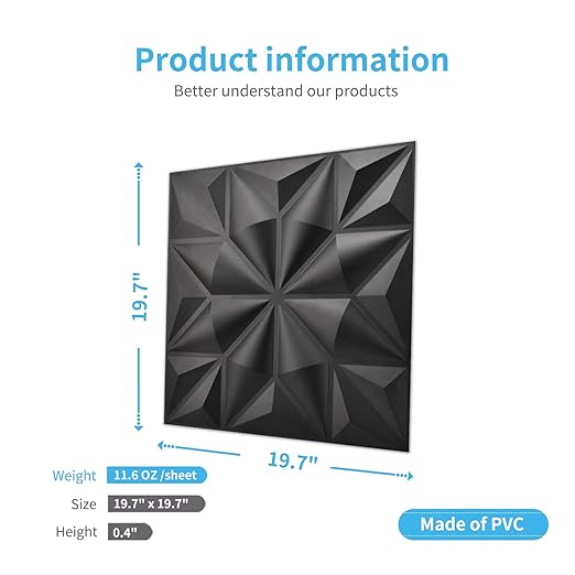 Art3d Textures 3D Wall Panels for Interior Wall Decor, Black Diamond Decorative PVC Wall Panels, Pack of 12 Tiles 32 Sq Ft