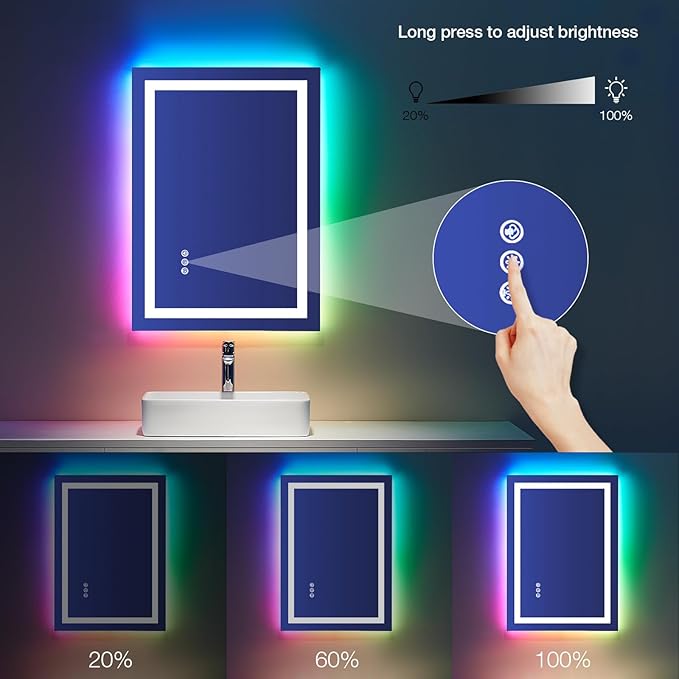 LOAAO 20"X28" LED Bathroom Mirror with Lights, Anti-Fog, Dimmable, RGB Backlit + Front Lighted, Bathroom Vanity Mirror for Wall, Memory Function, Waterproof, Tempered Glass