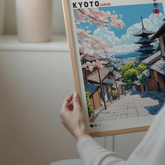 Kyoto Gion Poster, Japanese Street Wall Art Print with Cherry Blossoms and Pagoda, Traditional Japan Landscape, Japandi Decor for Bedroom or Living Room (Unframed) (9x11)