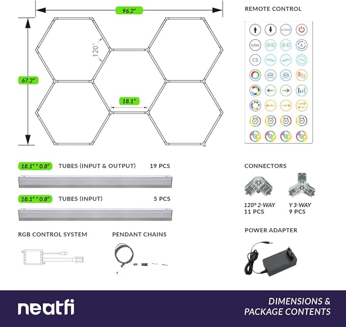 Neatfi LED Hexagon Garage Lights, 43.2W, Honeycomb Ceiling Light for Auto Shops, Car Detailing, Workshop, Gym, Basement, Warehouse, Barber Shop and Beauty Salons (5 Hex Grids, RGB)