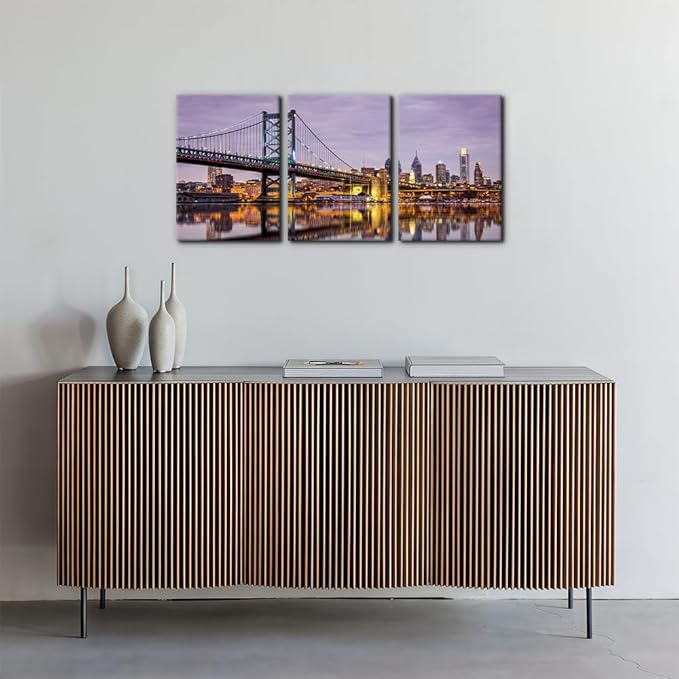 Pacimo Canvas Wall Art Ben Franklin Bridge Skyline Modern Home Decor Philadelphia Cityscape Picture Prints Modern Artwork for Wall Decor Stretch and Framed Ready to Hang - 12"x16"x3 Panels
