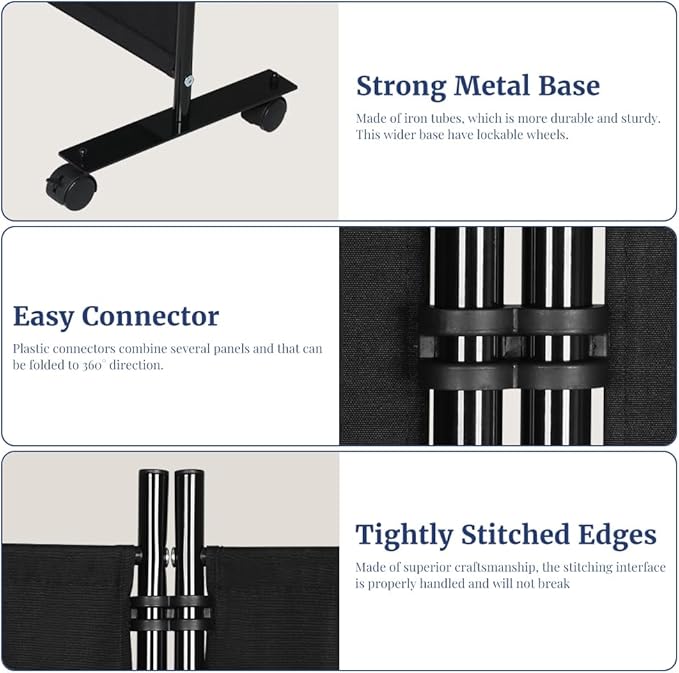 Kokorona 6 Panel Room Divider, 6FT Tall Rolling Privacy Screen with Lockable Wheels, Folding Wall Dividers Portable Room Divider for Room Separation, Included - Cover Strips, Black, 119''W x 70''H