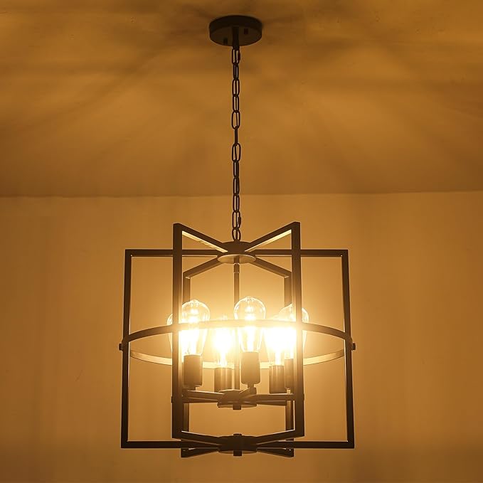 6-Light Black Farmhouse Chandelier for Dining Room, 19'' Modern Industrial Metal Cage Adjustable Hanging Pendant Light for Kitchen Island, Entryway, Hallway, Bedroom