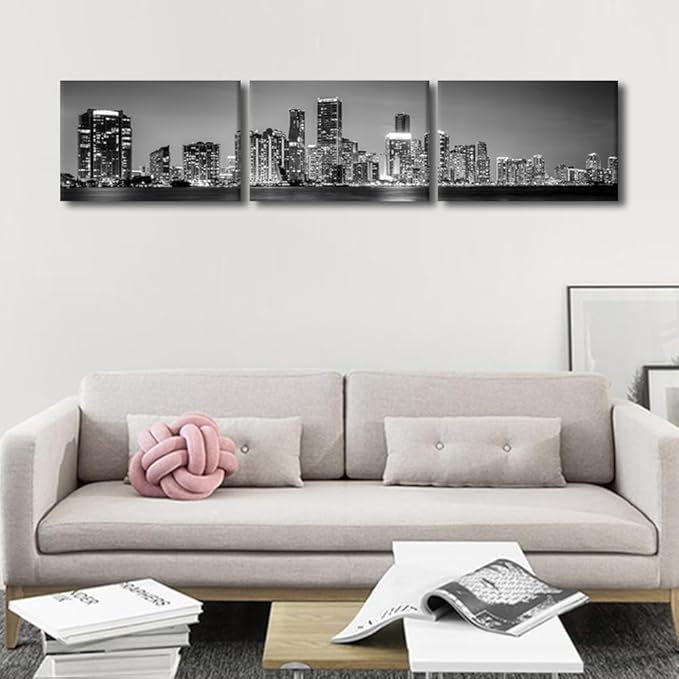 Miami Skyline Wall Art for Living Room Downtown Miami Black and White Wall Art Canvas Print Modern Home Decor Pictures Skyscraper Artwork House Decor Posters Prints Ready to Hang 14x60 Inch