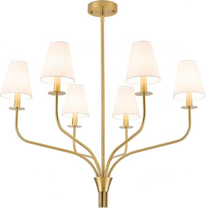 30" Modern Gold Chandelier for Dining Room, 6-Light Brushed Brass Pendant Light Fixture with White Fabric Shade,Mid Century Ceiling Lighting for Living Room Bedroom Kitchen Island, E12