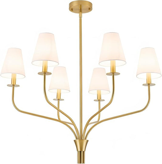 30" Modern Gold Chandelier for Dining Room, 6-Light Brushed Brass Pendant Light Fixture with White Fabric Shade,Mid Century Ceiling Lighting for Living Room Bedroom Kitchen Island, E12