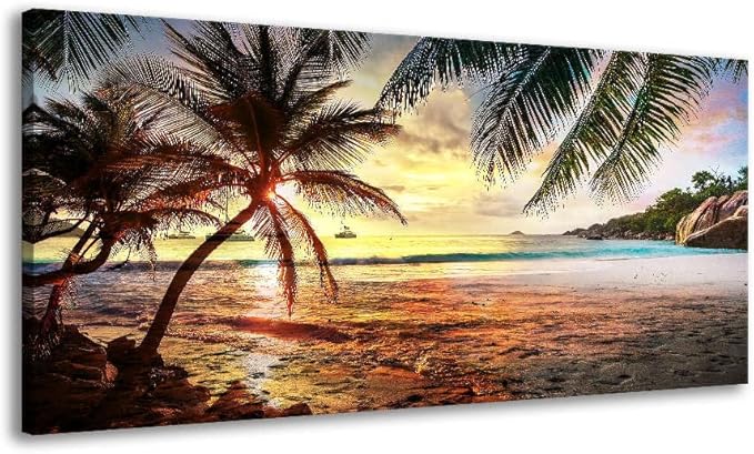 BYXART Canvas Wall Art for Bedroom Tropical Palm Tree Summer Ocean Waves Coconut Trees Beach Sunrise Seascape Scenery Painting Nature Picture for Living Room Bathroom Home Office Decor 40L x 20W