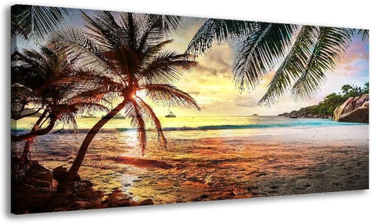 BYXART Canvas Wall Art for Bedroom Tropical Palm Tree Summer Ocean Waves Coconut Trees Beach Sunrise Seascape Scenery Painting Nature Picture for Living Room Bathroom Home Office Decor 40L x 20W