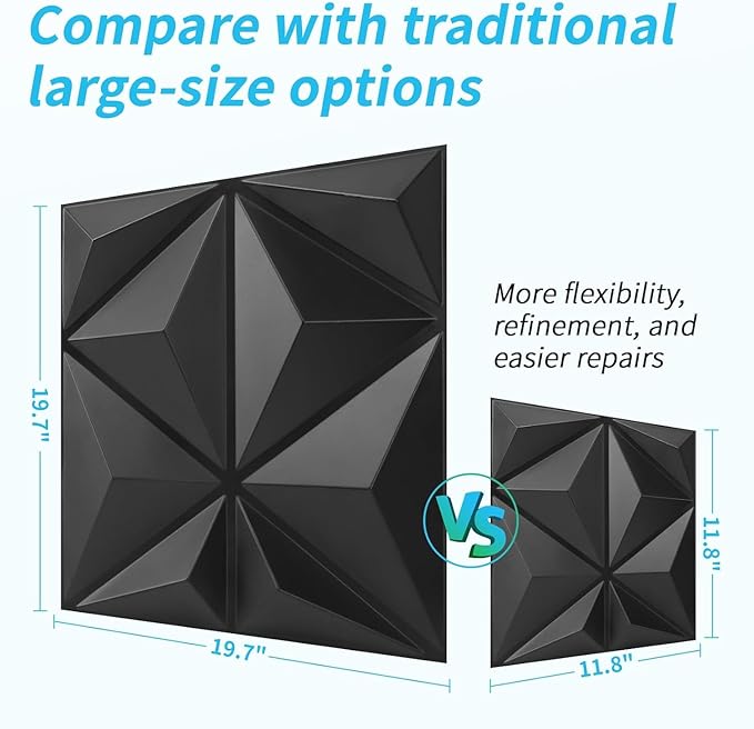 Art3d 20 Pack Decorative 3D Wall Panels, 19 Sq.Feet PVC Interior Wall Décor for TV Background, Bedroom, Living Room, 11.8"x11.8", Black