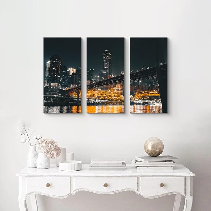 NAN Wind 3PCS Chongqing City Nightscape Canvas Wall Art Illuminated Chinese Skyline with Bridge Skyscrapers Modern Urban Landscape Photography Print for Living Room Office Bedroom Decor