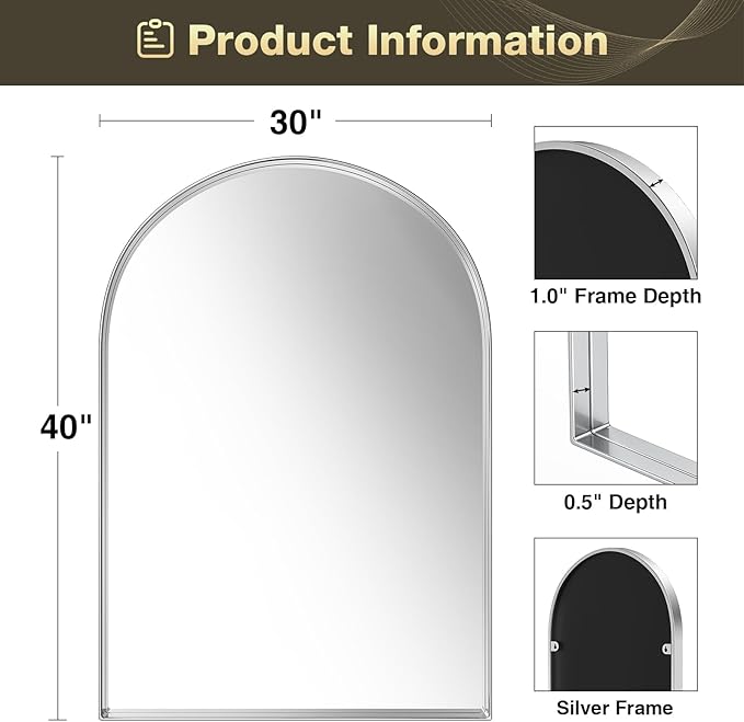 Brightify Arched Mirror, Arched Wall Mirror, 30 x 40 Inch Silver Arch Mirror, Metal Frame Silver Bathroom Mirror, Arched Top Bathroom Vanity Mirror for Living Room Bedroom Mantel Entryway Hallways