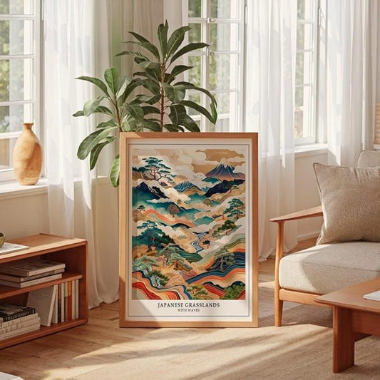 Japanese Grasslands Poster, Abstract Wabi Sabi Wall Art Print, Traditional Asian Landscape Artwork, Japandi Minimalist Home Decor for Living Room or Bedroom (Unframed) (20x30)