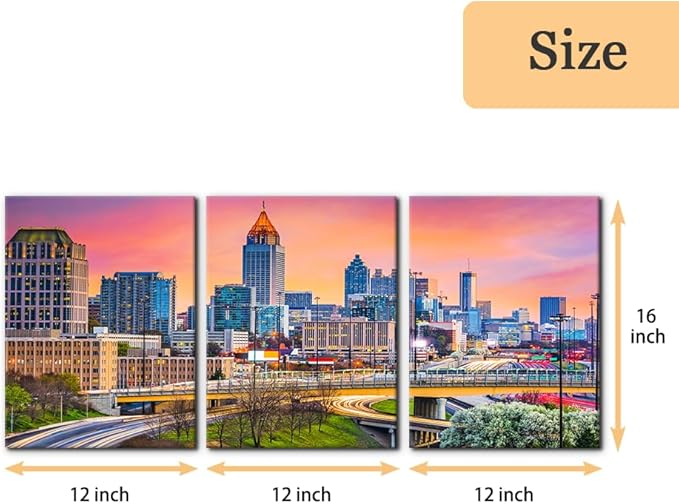 Pacimo Atlanta Cityscape Canvas Wall Art Print City Skyline at Dusk Painting Wall Decor for Living Room Home Decoration Gallery Wrapped Posters and Prints Framed Ready to Hang - 12"x16"x3 Panels