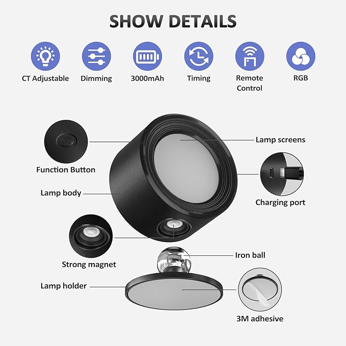 Lightbiz LED Wall Lights 3 Pcs with Remote, RGB Ambience Wall Sconces Lamp 3000mAh Rechargeable Battery Operated, 3 Color Temp & Dimmable Magnetic 360° Rotation Cordless Light for Living Room Bedside