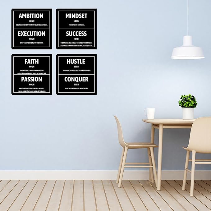 Motivational Office Wall Decor Inspirational Success Canvas Wall Art Hustle Mindset 3 Pieces Posters Prints Wall Picture Artwork Home Living Room Bedroom Framed Ready to Hang - 12"x12"x4PCS