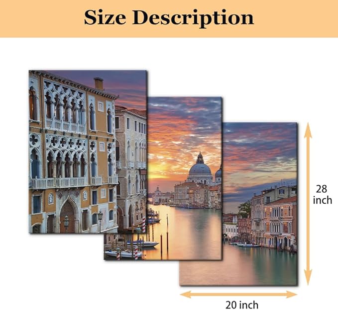 Pacimo 3 Piece Canvas Wall Art - Venice Framed Wall Art Decor Grand Canal in Venice Pictures Painting on Canvas Modern Art Home Decoration Stretched and Framed Ready to Hang - 20"x28"x3