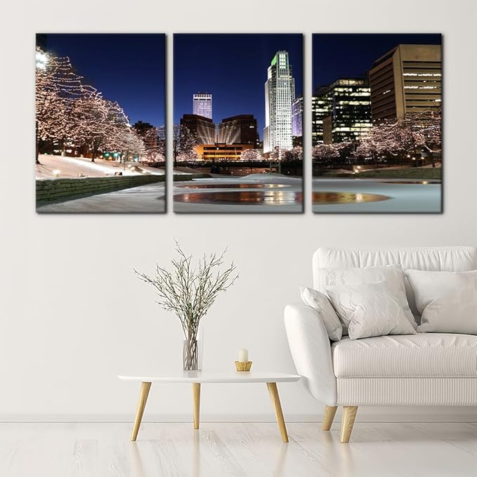 Pacimo Canvas Wall Art Decor Omaha Cityscape Modern Artwork for Wall Painting City Skyline Night View Pictures Gallery Wrapped Posters and Prints Stretch and Framed Ready to Hang - 20"x28"x3 Panels