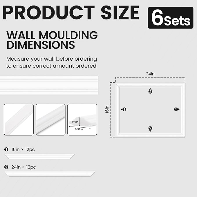 6 Sets Peel and Stick Wall Molding Kit, 16''x24'' Premade Wainscoting Accent Panels for Interior Wall Trim, Easy DIY Moulding Decor