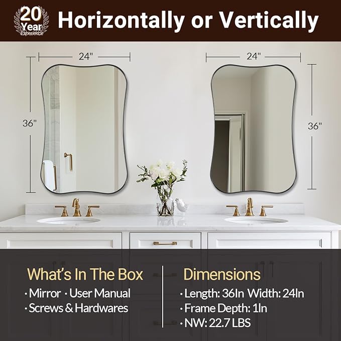 ANDY STAR 24x36'' Chrome Mirrors, Modern Rounded Corner Irregular Bathroom Mirrors with Notched Edges in 1 Inch Stainless Steel Frame Wall Mounted for Bathroom Vanity Home Decor